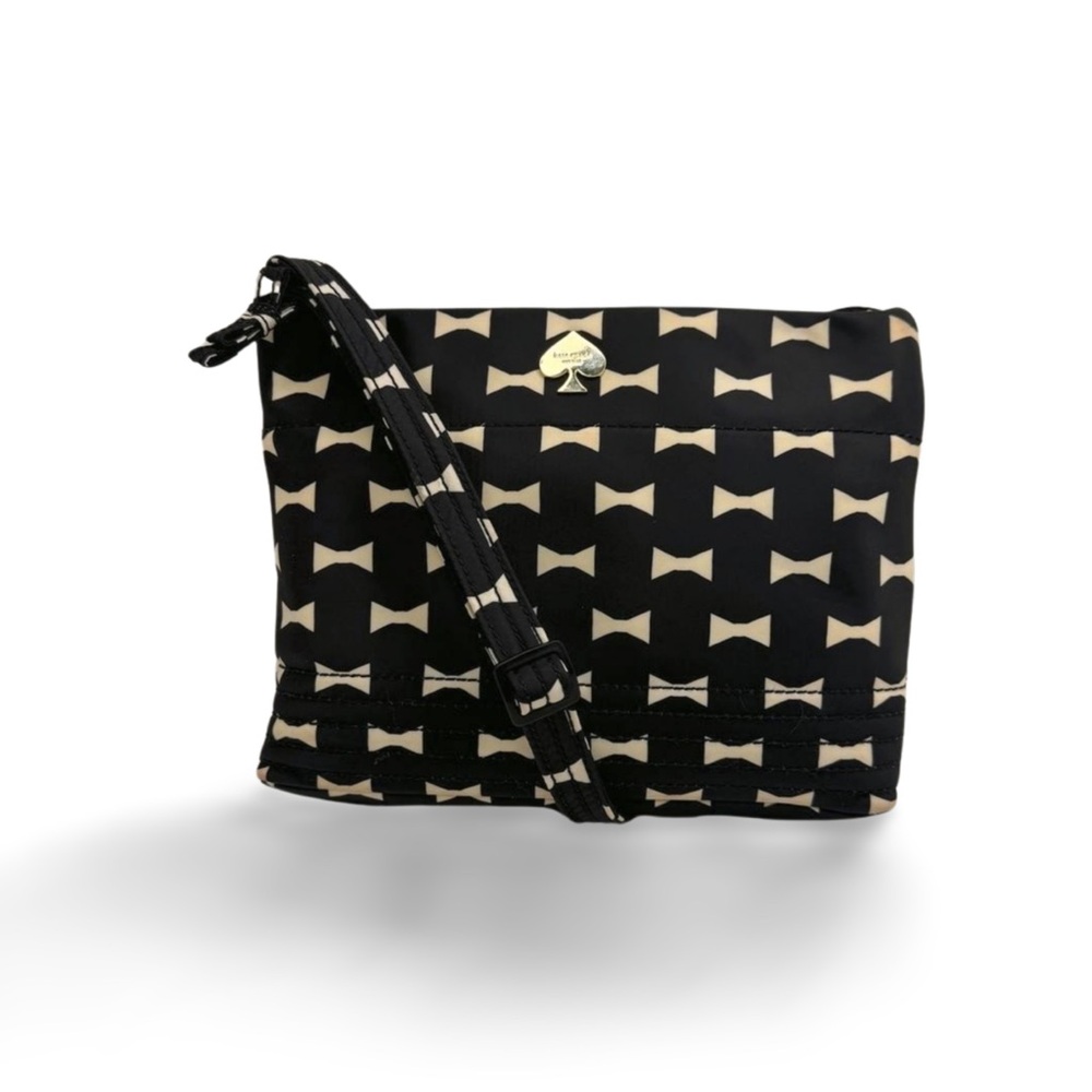 Kate Spade Black Bow Print Nylon Crossbody Bag Slim Lightweight Classic